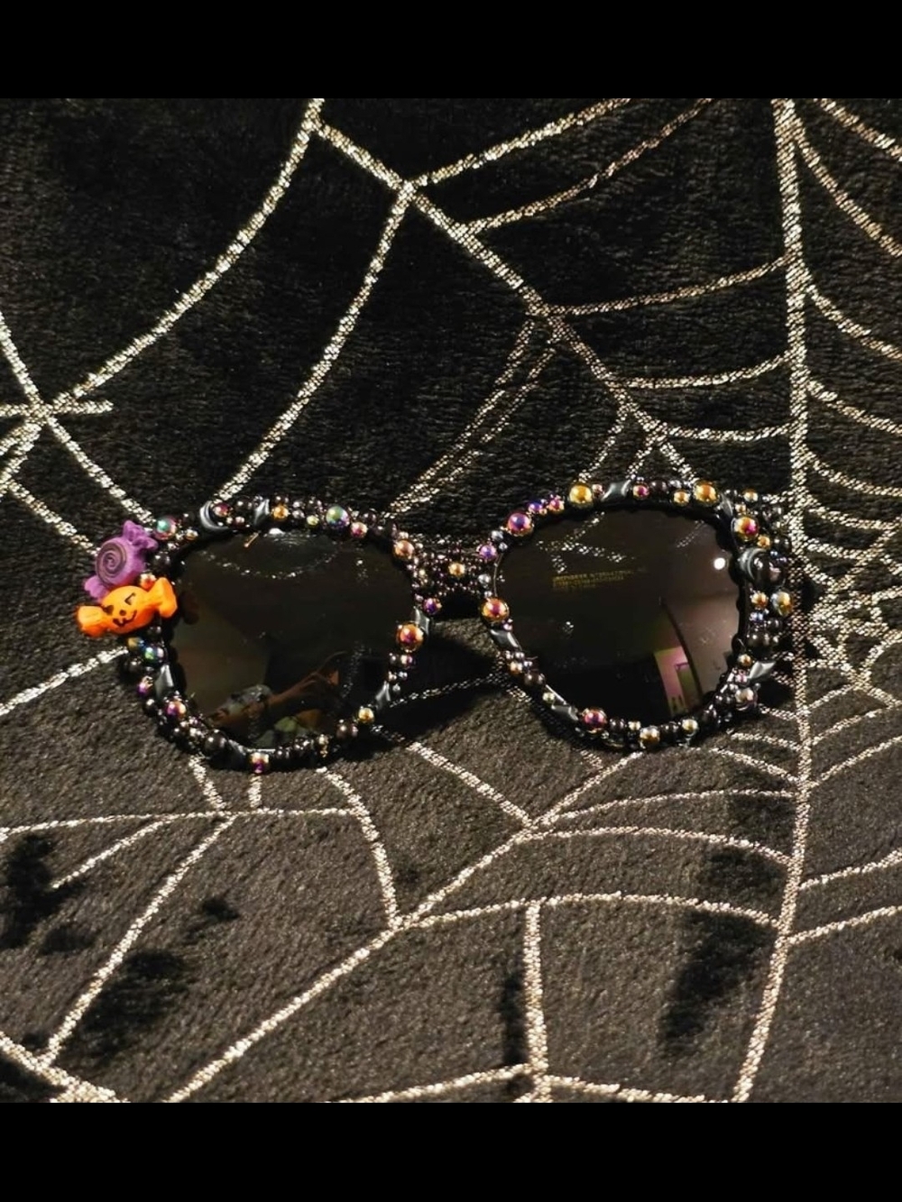 Hand-Embellished Black Beaded Toddler Sunglasses with Halloween Charm